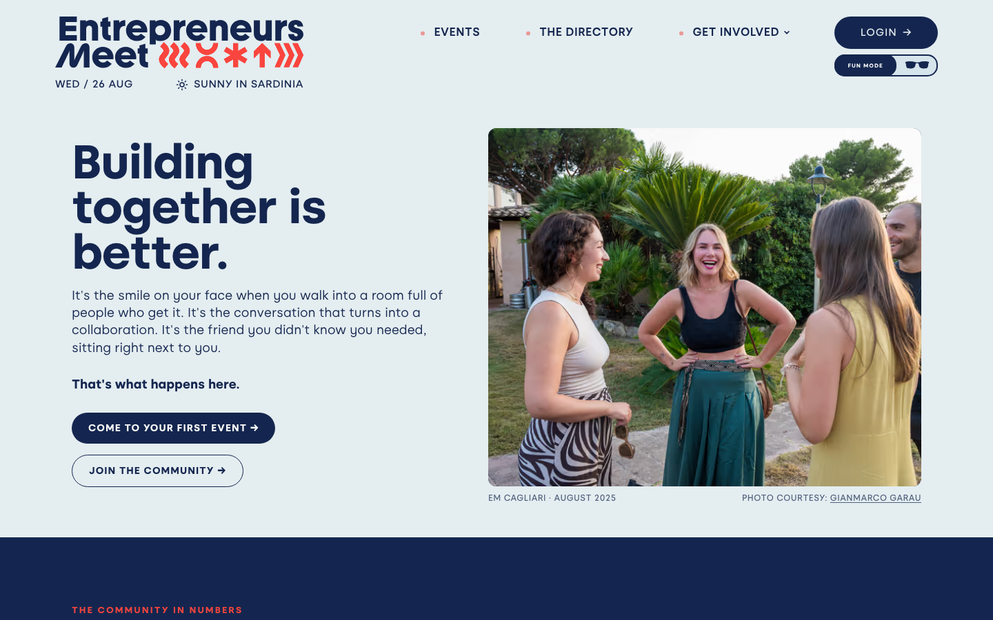 Entrepreneurs Meet home page in Fun mode