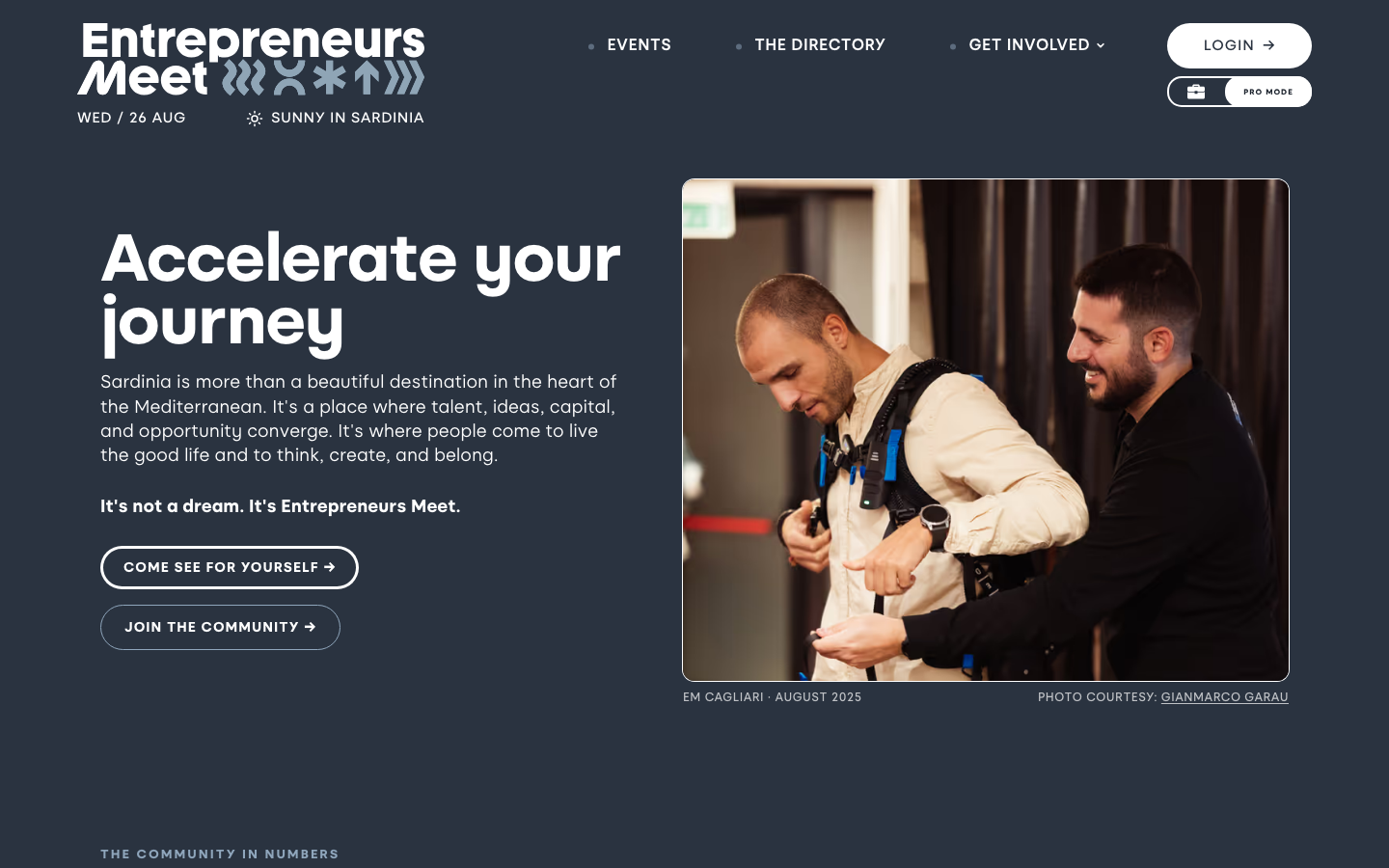 Entrepreneurs Meet home page in Pro mode